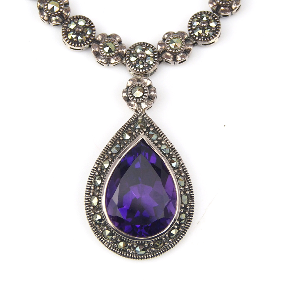 Amethyst and Marcasite Necklace - Silver