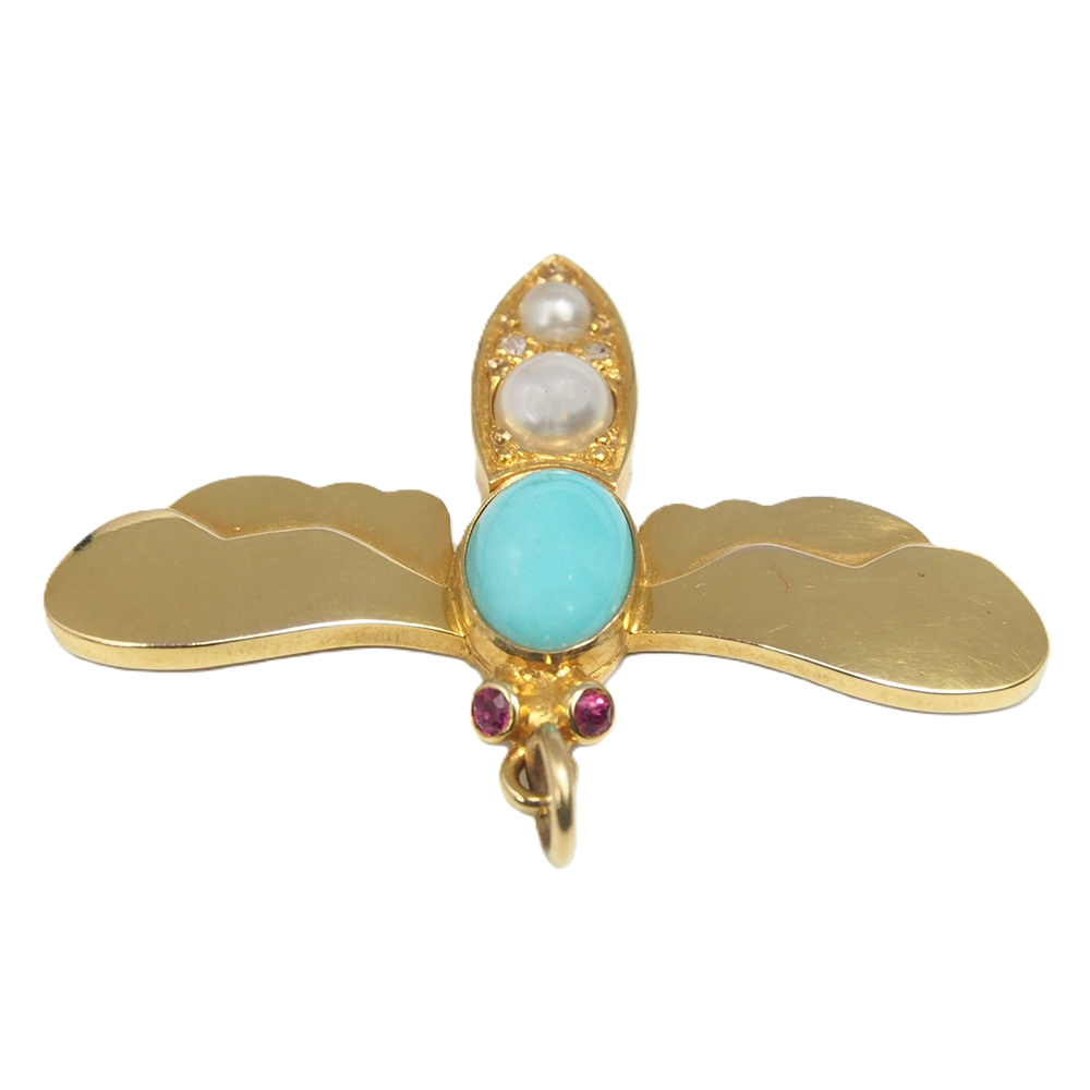 Turquoise Pearl and Ruby DragonFly Pendant
