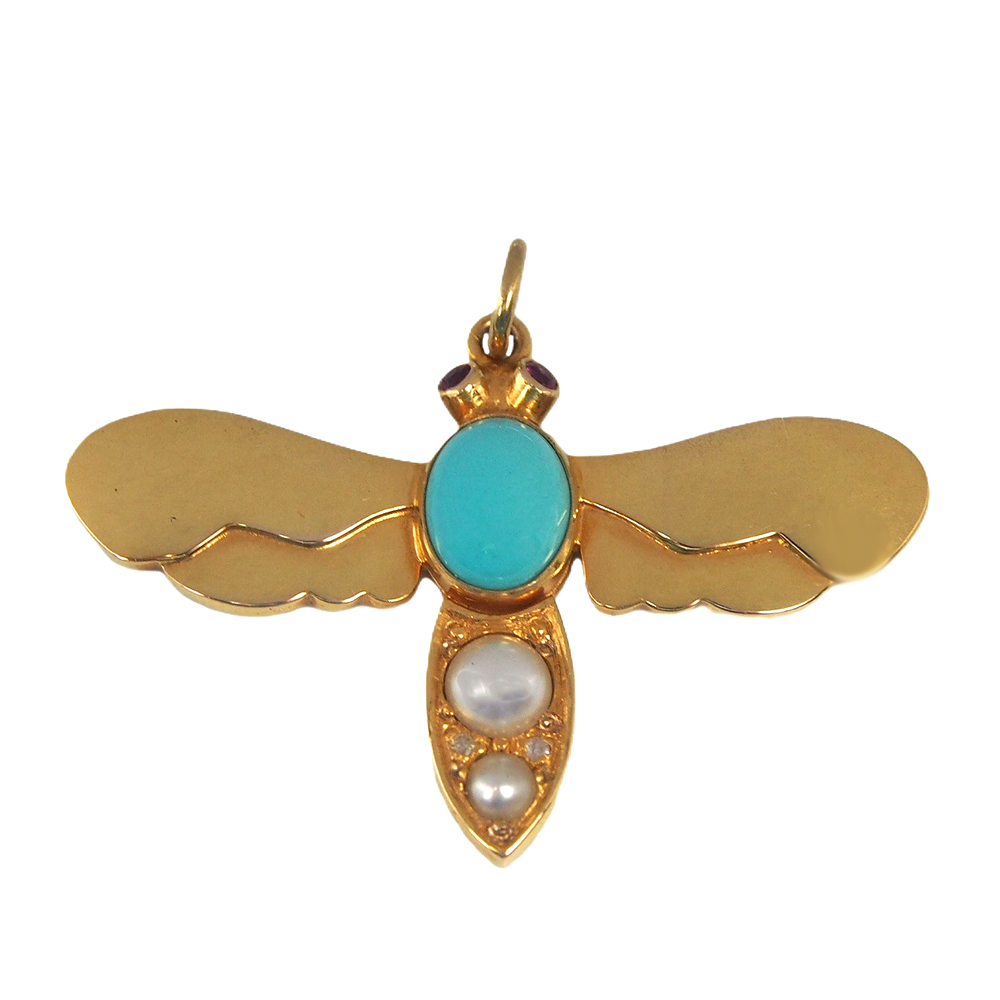 Turquoise Pearl and Ruby DragonFly Pendant