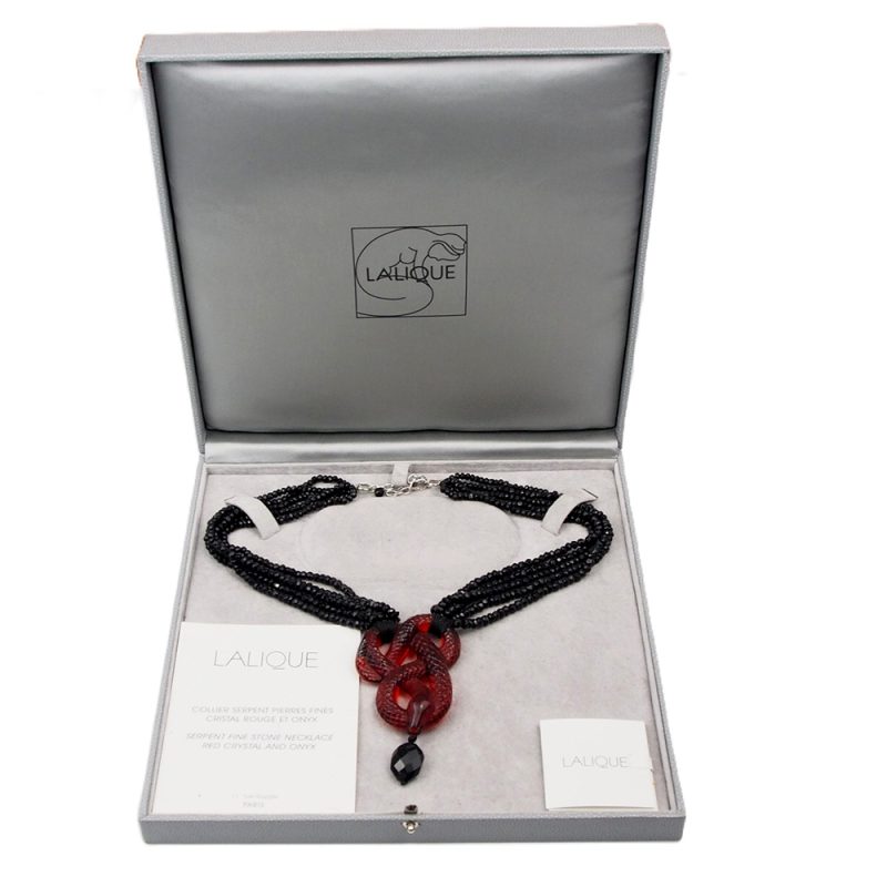 Onyx & Red Crystal Lalique Serpent Necklace