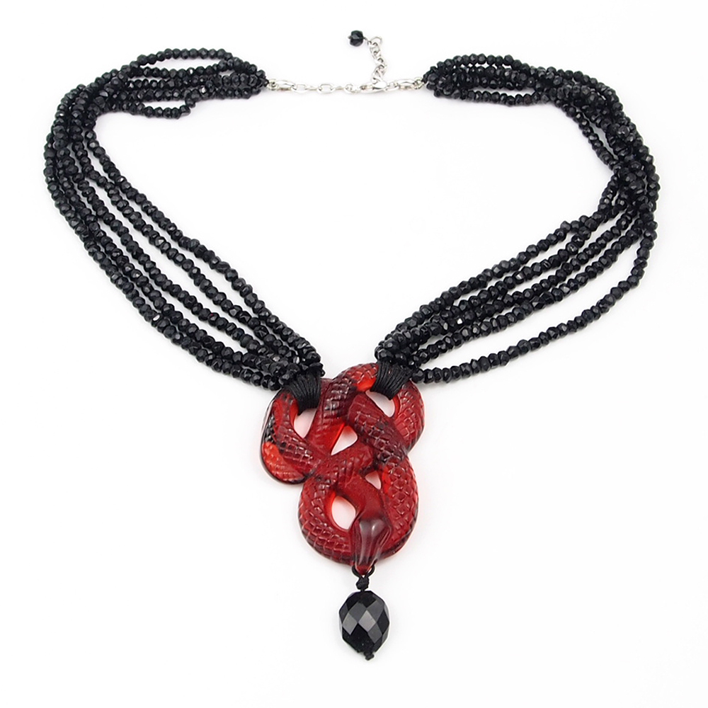 Onyx & Red Crystal Lalique Serpent Necklace