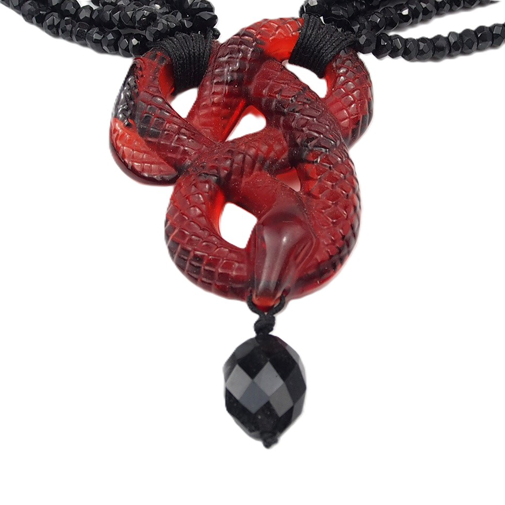 Onyx & Red Crystal Lalique Serpent Necklace
