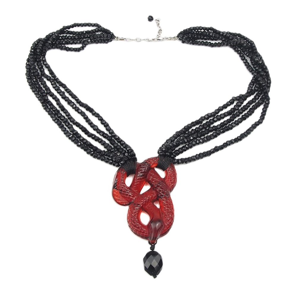 Onyx & Red Crystal Lalique Serpent Necklace