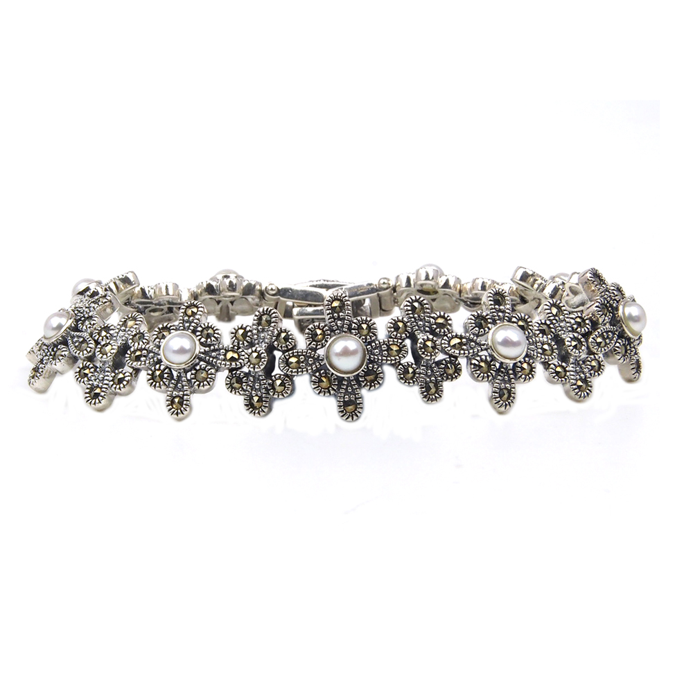 Pearl and Marcasite Bracelet - Silver