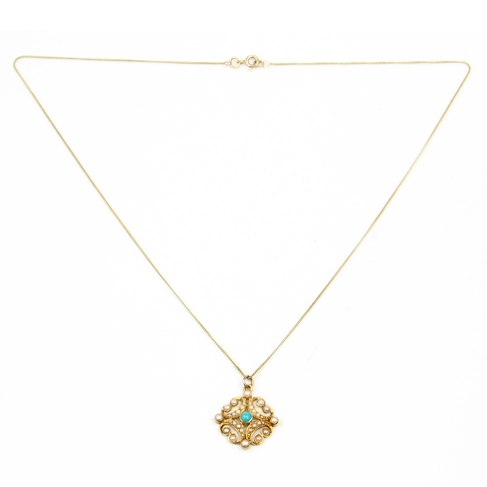 Turquoise and Pearl Pendant With Chain