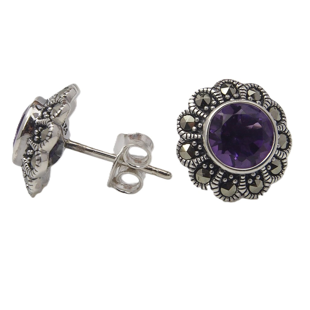 Amethyst and Marcasite Stud Earrings