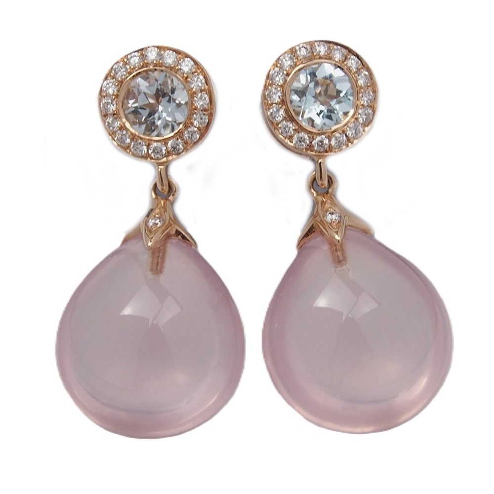 Rose Quartz, Aquamarine and Diamond Earrings