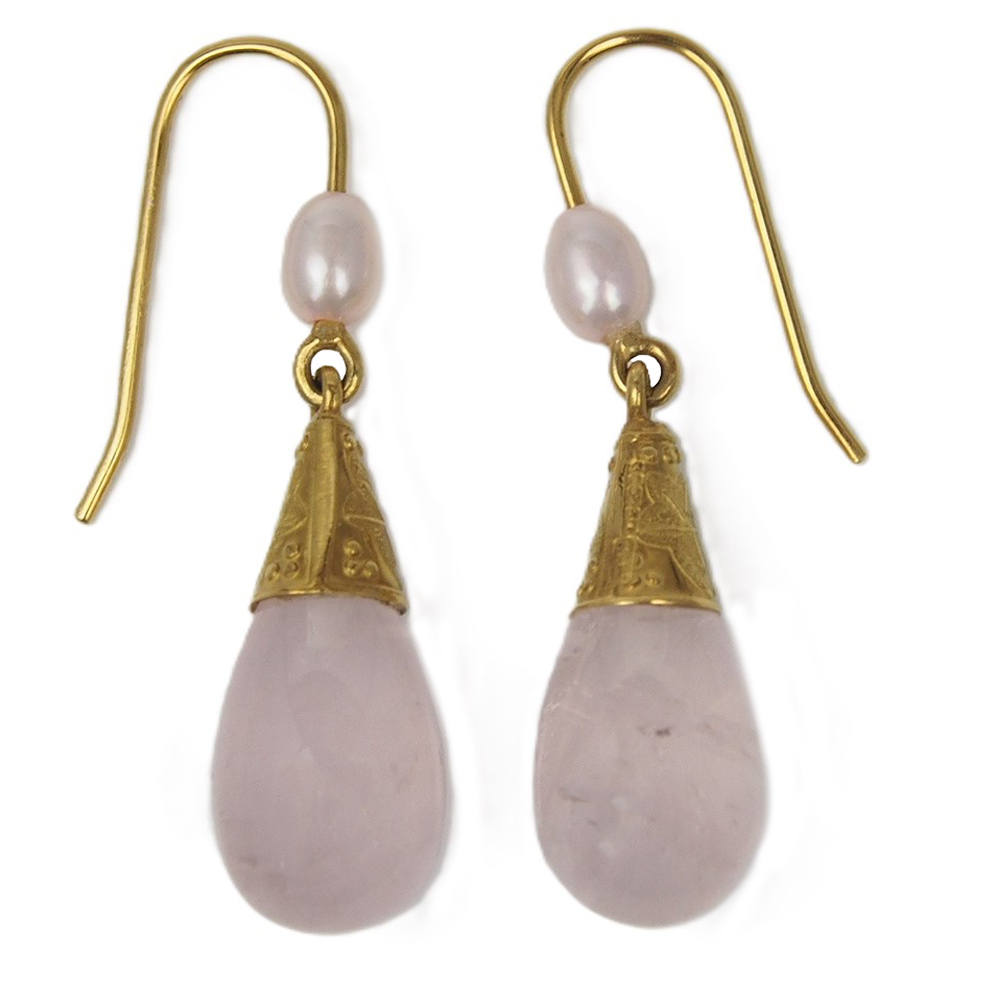Rose Quartz and Freshwater Cultured Pearl Drop Earrings