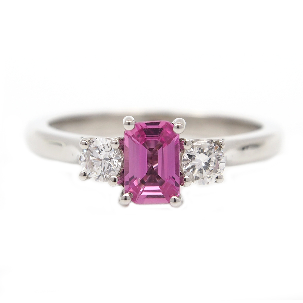 Sapphire & Diamond Three Stone Ring - Pink